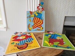 Vintage Set of 3 Warren Built-Rite Puzzles Sta-N-Place Furry Inlaid Tray Puzzles